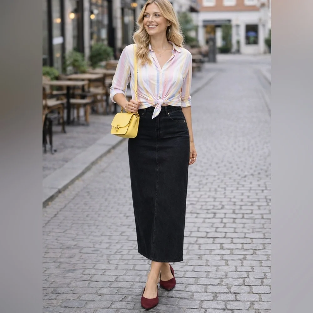 NWT MOTHER The flagpole Denim Maxi Skirt in Pitch Black Size 30